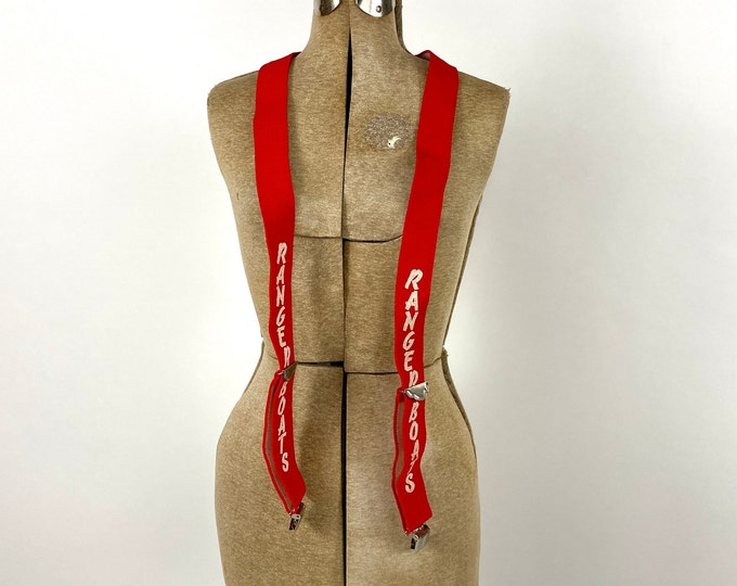 70s Red Ranger Boats Suspenders White Romper Jumper Vintage Dress Jumpsuit Americana