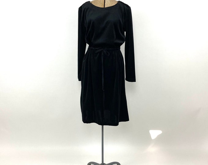 80s Black Velvet Drawstring Dress Long Sleeve Midi Dress Party Vintage Dress Xs S