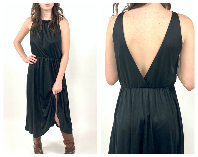 70s Lanz Black Deep V Midi Dress Plunging Open Back Elastic Waist Party Dress Vintage Sundress Xs S