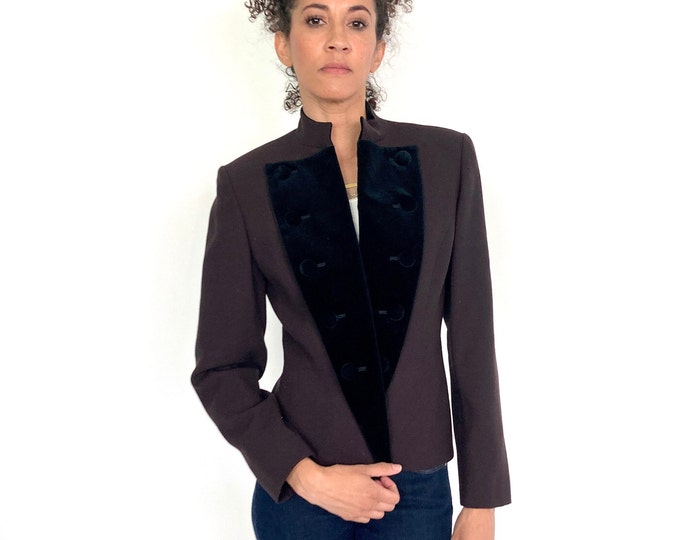 80s Brown Christian Dior Blazer Black Velvet Tuxedo Band Jacket Fitted Minimalist Tux Top Blazer Vintage XS S