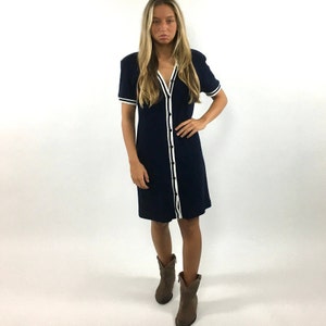 80s Navy Blue Sailor Striped Dress White Striped Button Down Midi Dress Knit Shift Day Vintage Sun Dress Xs S