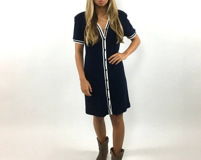 80s Navy Blue Sailor Striped Dress White Striped Button Down Midi Dress Knit Shift Day Vintage Sun Dress Xs S