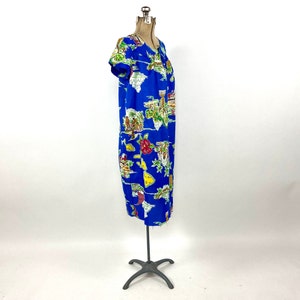 80s Blue Hawaiian Mini Dress Beach Print Tent Dress Boho Hippie Vacation Party Vintage Sundress Sun Dress Xs S