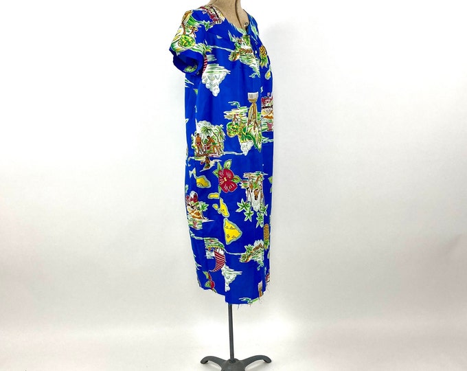 80s Blue Hawaiian Mini Dress Beach Print Tent Dress Boho Hippie Vacation Party Vintage Sundress Sun Dress Xs S