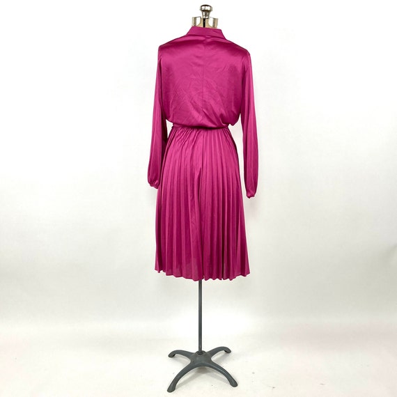 70s Fuschia Disco Long Sleeve Dress Pink V Neck A… - image 5