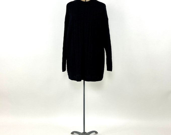 80s Black Checked Knit Oversized Sweater Boho Vintage Knit Sweater Dress Top S M L