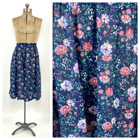 80s Navy Blue Floral Sheer Skirt Boho Hippie Cott… - image 1