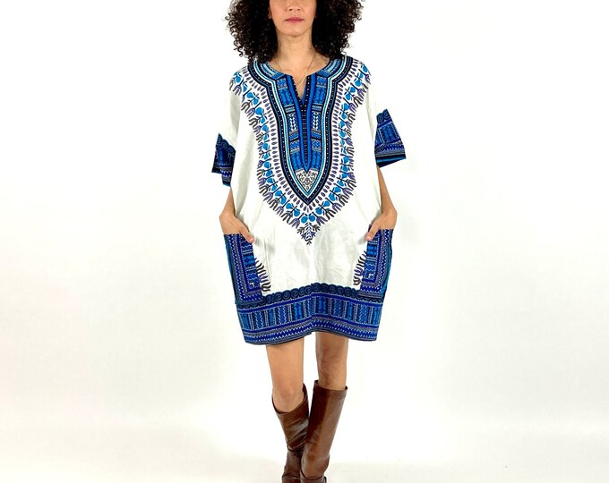 80s Blue White Dashiki Batik Mini Dress Cotton African Tunic Top Tribal V Neck Vintage Dress Top XS S M