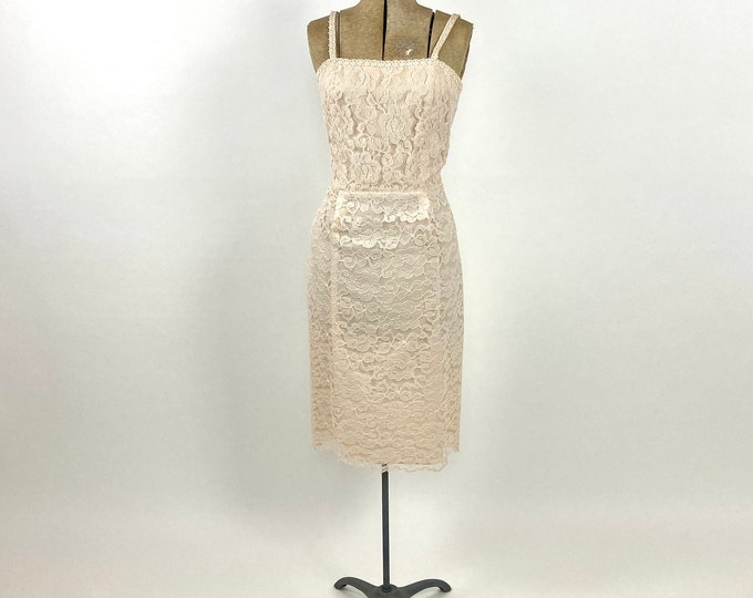 80s Nude Lace Floral Evening Dress Blush Cream Sheath Scallop Dress Party Dress Vintage Cocktail Dress S M