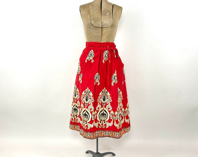 70s Red Batik Wrap Skirt Bird Print Vintage Cotton Pocket Dress Skirt