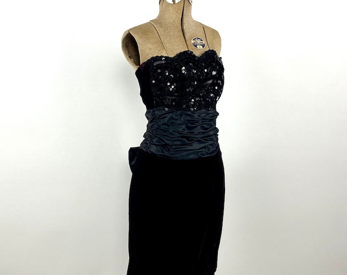 80s Black Ruched Strapless Mini Dress Sequin Big Bow Party Dress Velvet Tuxedo Vintage Dress XS