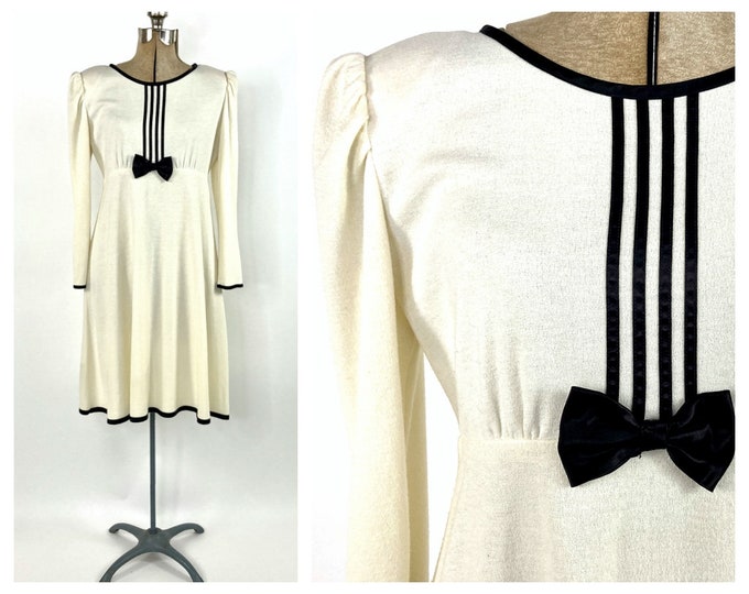 80s Lanz Tuxedo Dress Cream Black Striped Dress A Line Midi Dress Party Vintage Long Sleeve Cocktail Dress XS/S