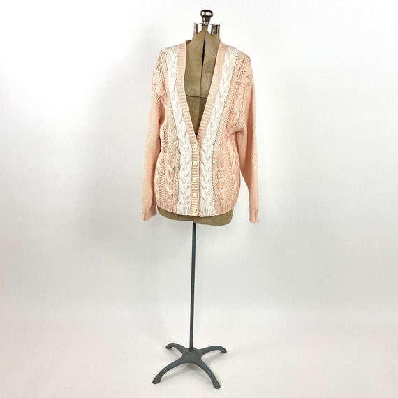 80s Peach Pink Cardigan Sweater Chunky White Cabl… - image 2