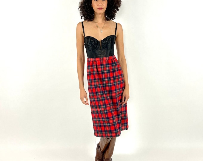 70s Red Pendleton Tartan Plaid Skirt Long Wool Holiday Dress Skirt S M