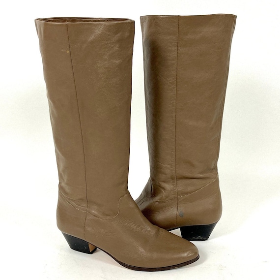 70s Taupe Tall Leather Boots Gray Cowboy Boots Hi… - image 5