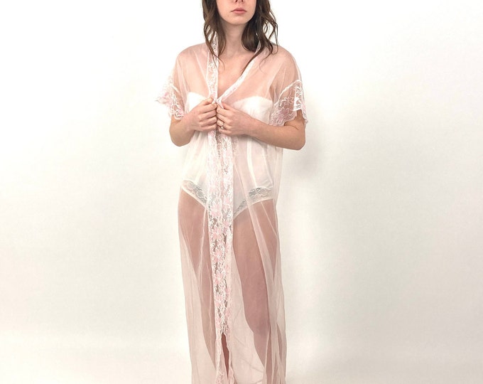 80s White Sheer Lace Robe Sexy Maxi Pink Slip Grecian Goddess Gown Dress Nightgown Party Vintage Lingerie Boudoir Robe