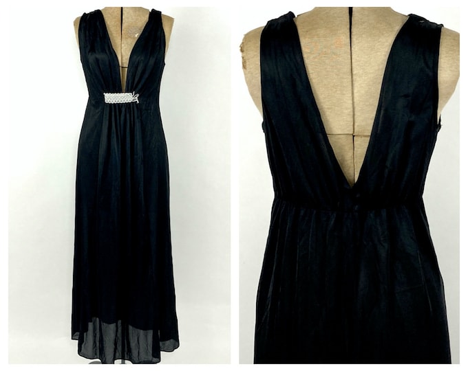 70s Black Sheer Plunging Grecian Goddess Maxi Nightgown Empire Deep V Neck Silver Dress Boho Hippie Party Vintage Sundress Dress XS S