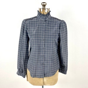 80s Gray White Checked High Neck Ruffle Blouse Button Up Vintage Plaid Puff Sleeve Secretary Minimalist Dress Top