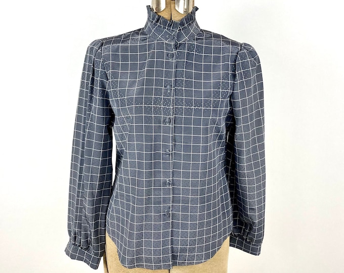 80s Gray White Checked High Neck Ruffle Blouse Button Up Vintage Plaid Puff Sleeve Secretary Minimalist Dress Top