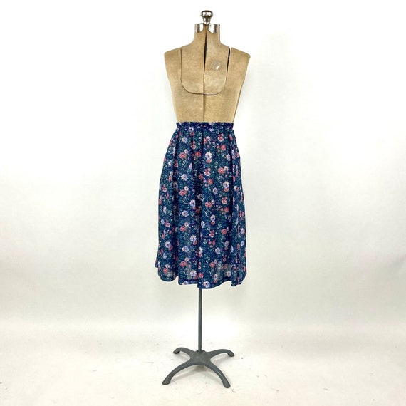80s Navy Blue Floral Sheer Skirt Boho Hippie Cott… - image 2