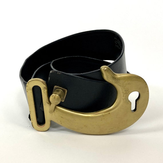 70s Brass Hook Leather Belt Gold Big Buckle Keyho… - image 5