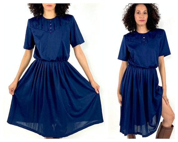 80s Navy Blue Day Dress Button Bodice Short Sleev… - image 1