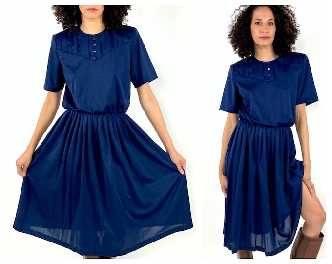 80s Navy Blue Day Dress Button Bodice Short Sleeve Dress Semi Sheer Shirtdress Party Vintage Dress M L