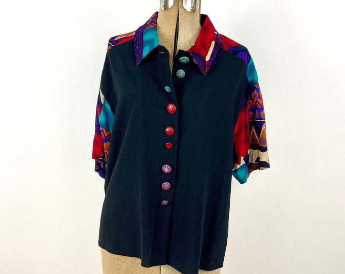 80s Black Bright Multi Color Abstract Oversized Blouse Southwest Chunky Button Dress Top