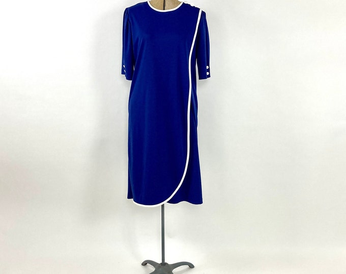 70s Bright Blue Shift Dress White Boho Hippie Party Wrap Sundress Vintage Sun Dress S M