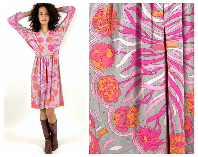 70s Pink Pucci Silk Dress Gray Abstract Floral Print Dress Designer Long Sleeve Psychedelic Watercolor V Neck Cocktail Dress Vintage Dress S