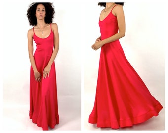 70s Pink Slinky Plunging Grecian Goddess Gown Full Sweeping Red Ethereal Dress Open Back Maxi Party Saks Horiko Vintage Evening Dress XS S
