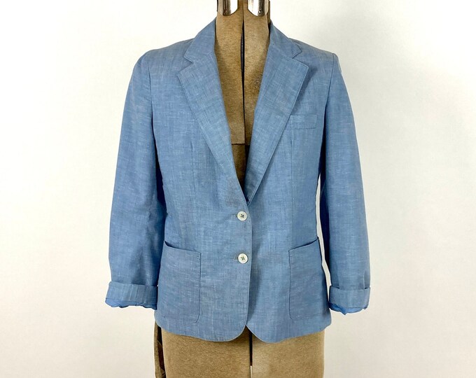 80s Blue Chambray Blazer Denim Oversized Boyfriend Jacket Top Vintage Blazer S M