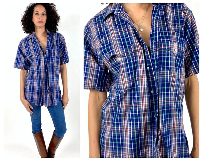 70s Blue Gray Western Snap Shirt Oversized Red Plaid Button Down Dress Shirt Vintage Blouse Cowboy Button Up Top