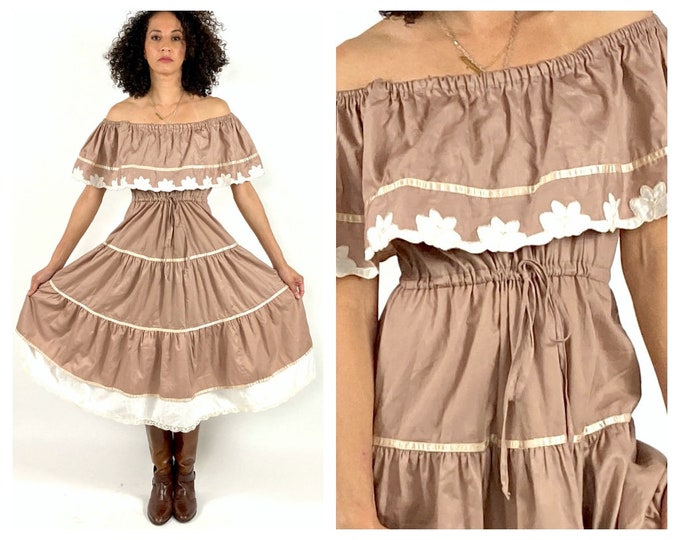 70s Brown Young Edwardian Ruffle Sundress Cream Floral Embroidered Tiered Peasant Dress Prairie Boho Off The Shoulder Hippie Party Vintage