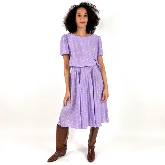 70s Purple Sheer Day Dress Lavender White Polka D… - image 2