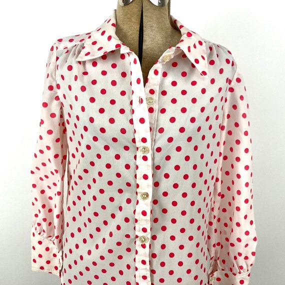 60s Red White Sheer Polka Dot Blouse Vintage Dres… - image 4