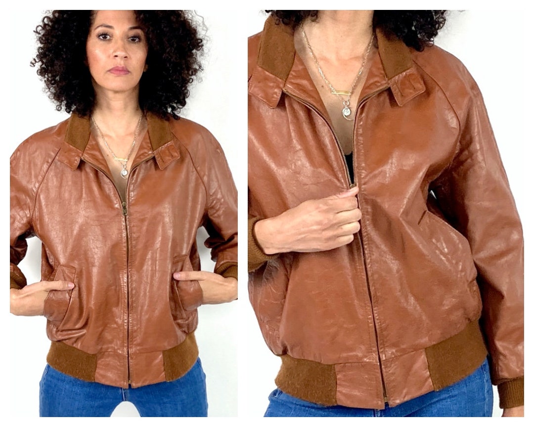 70s Cognac Leather Bomber Jacket Caramel Brown Jacket Rocker Coat Top