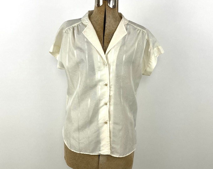 70s Cream Swiss Dot Blouse Semi Sheer Striped Secretary Dress Top