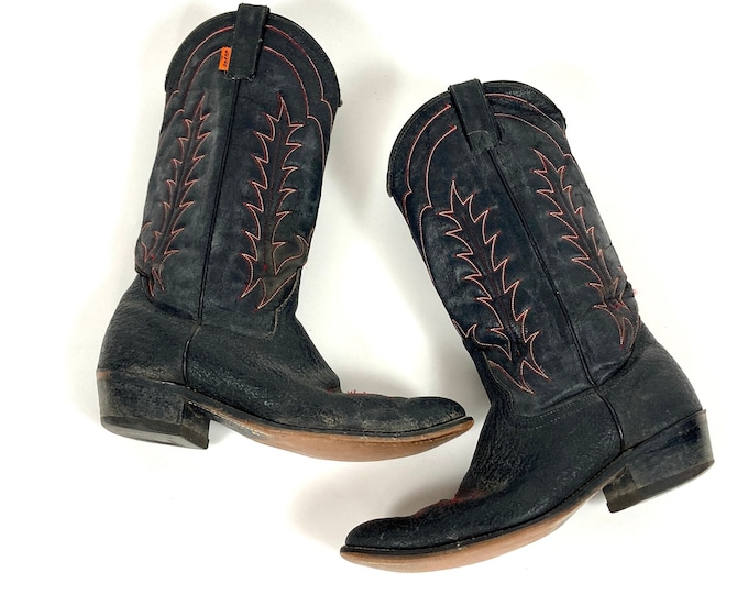 80s Black Tall Leather Cowboy Boots Levis Red Vamps High Heel Boho Vintage Hippie Boots 9.5 / 10