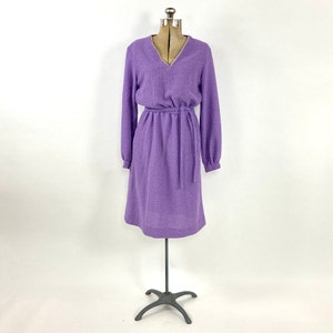 70s Purple Long Sleeve Dress V Neck Nubby Knit Dress Blouson Secretary Midi Dress Hippie Party Vintage Dress S M