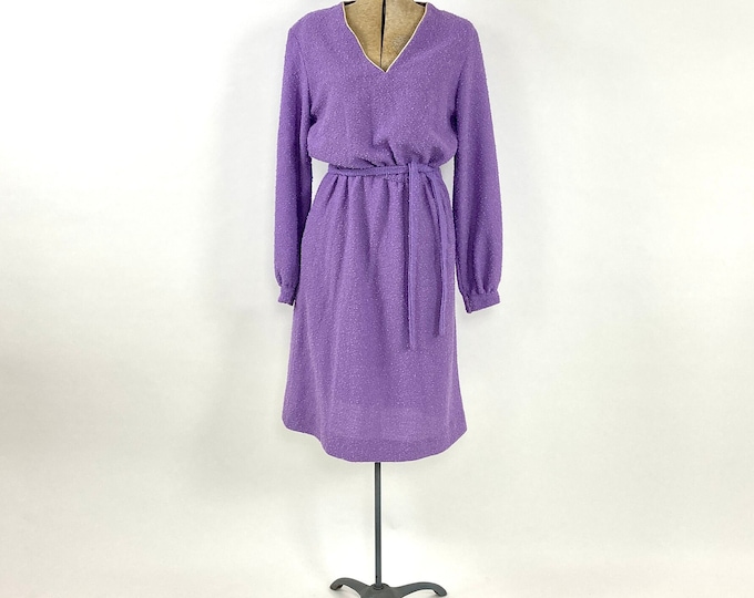 70s Purple Long Sleeve Dress V Neck Nubby Knit Dress Blouson Secretary Midi Dress Hippie Party Vintage Dress S M