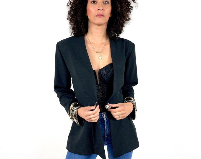 80s Black Oversized Deep V Blazer Structured Long Gold Pearl Jacket Embellished Beaded Sequin Boyfriend Blazer Vintage S M