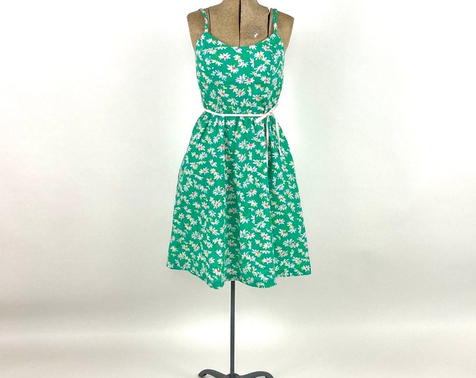 70s Lanz Green Floral Dress Full White Midi Sundress Daisy Print Garden Party Dress Open Back Party Vintage Sun Dress Xs S