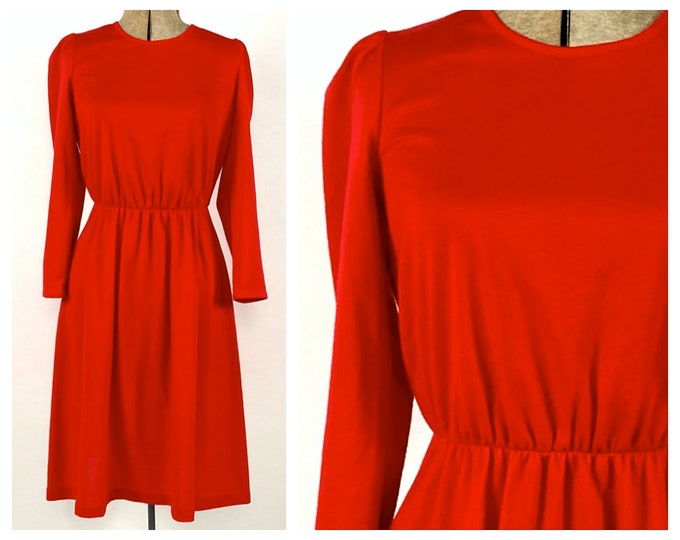 70s Bright Red Long Sleeve Mini Dress Minimalist Puff Sleeve Midi Vintage Dress XS S