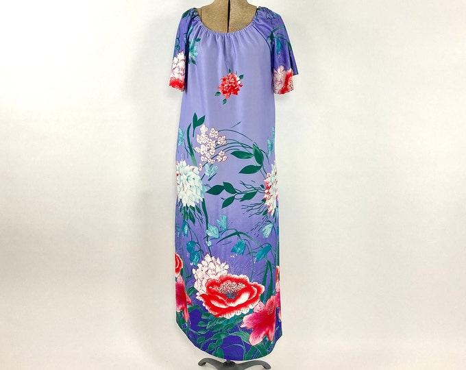 70s Hawaiian Purple Maxi Dress Red Floral Dress Flutter Sleeve Vintage Party Sundress House Dress Butterfly Print Hawaii Dress Xs S