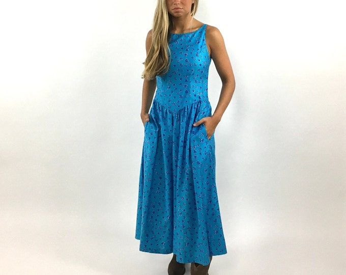 70s Lanz Blue Corset Dress Cut Out Open Back Dress Prairie Floral Sweetheart Party Dress Garden Party Pockets Vintage Sun Dress Xs S