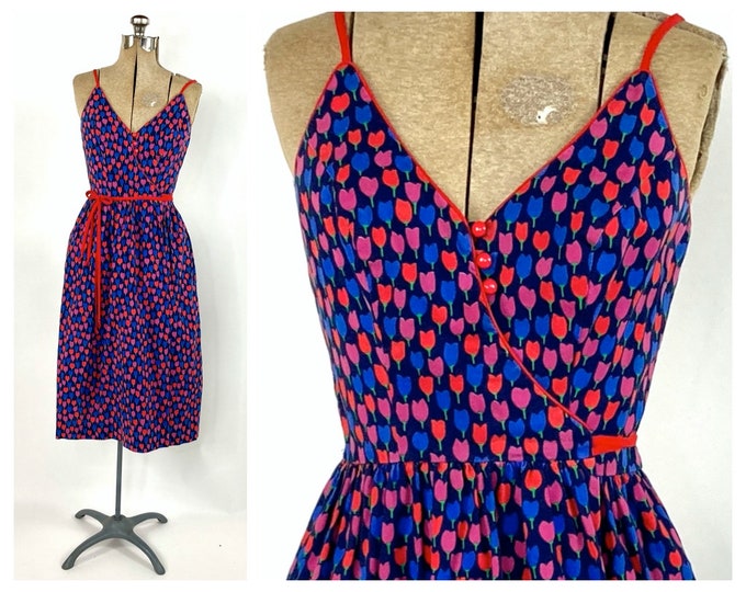 70s Lanz Tulip Wrap Dress Multi Midi SATC Sundress Garden Party Dress Open Back Party Vintage Sun Dress