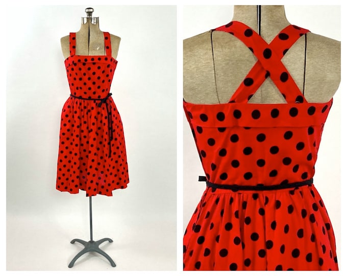 70s Lanz Red Polka Dot Dress Full Skirt Black Midi Sundress Garden Party Dress Open Back Criss Cross Party Vintage Sun Dress Xs S