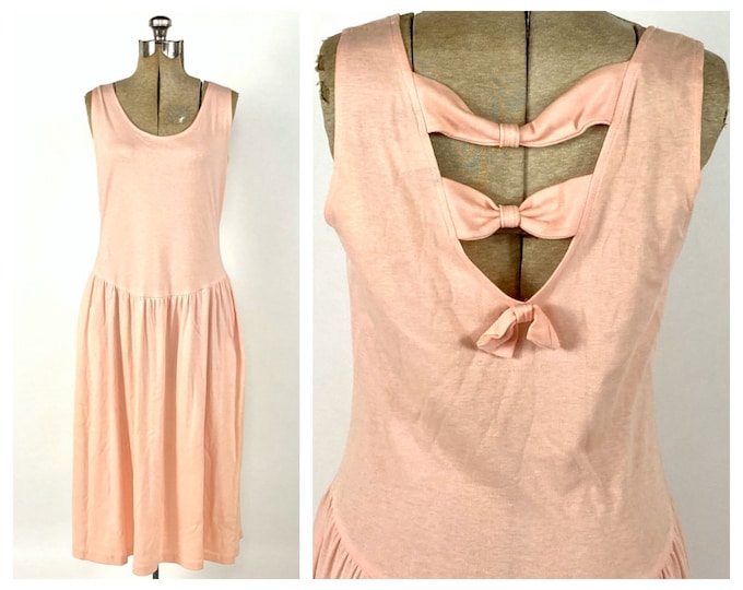 80s Peach Cut Out Cage Dress Cotton Pink Midi Dress Minimalist Party Sleeveless Bow Vintage Sundress Sun Dress Xs S M