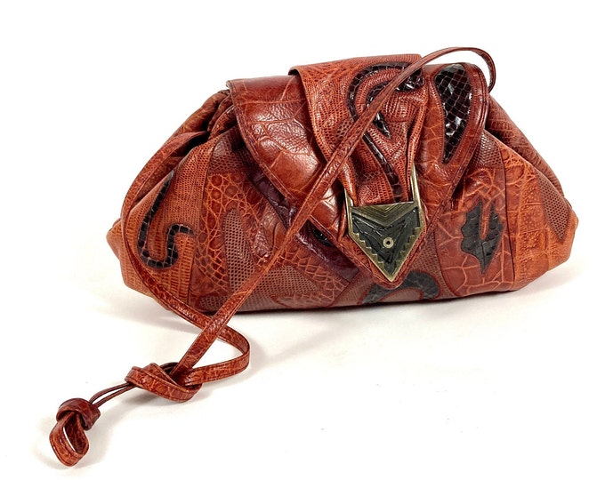 80s Black Patchwork Leather Handbag Brown Reptile Oversized Boho Crossbody Hobo Purse Snakeskin Satchel Saddle Bag Medallion Vintage Bag